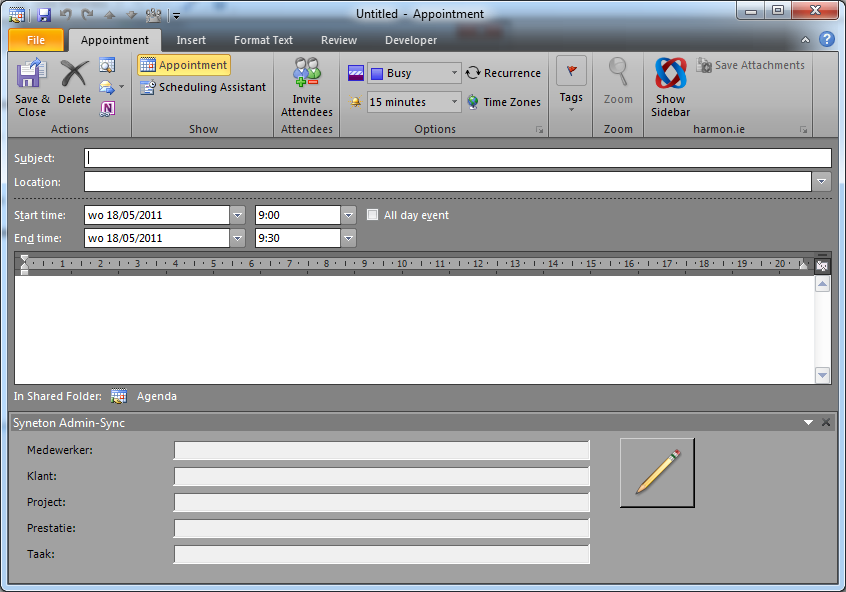 Admin-Sync: afspraak maken in Outlook